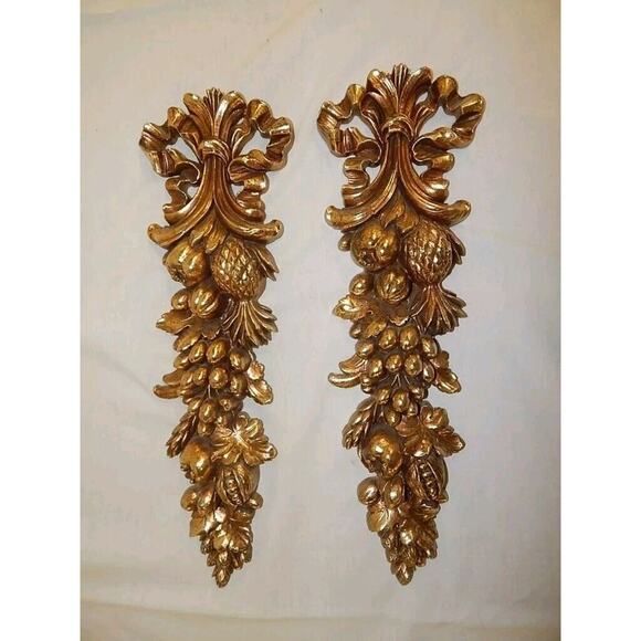 Syroco MCM Hollywood Regency Gold Gilt Fruit Vertical Garland Wall Decor S2 Wood - Picture 2 of 6